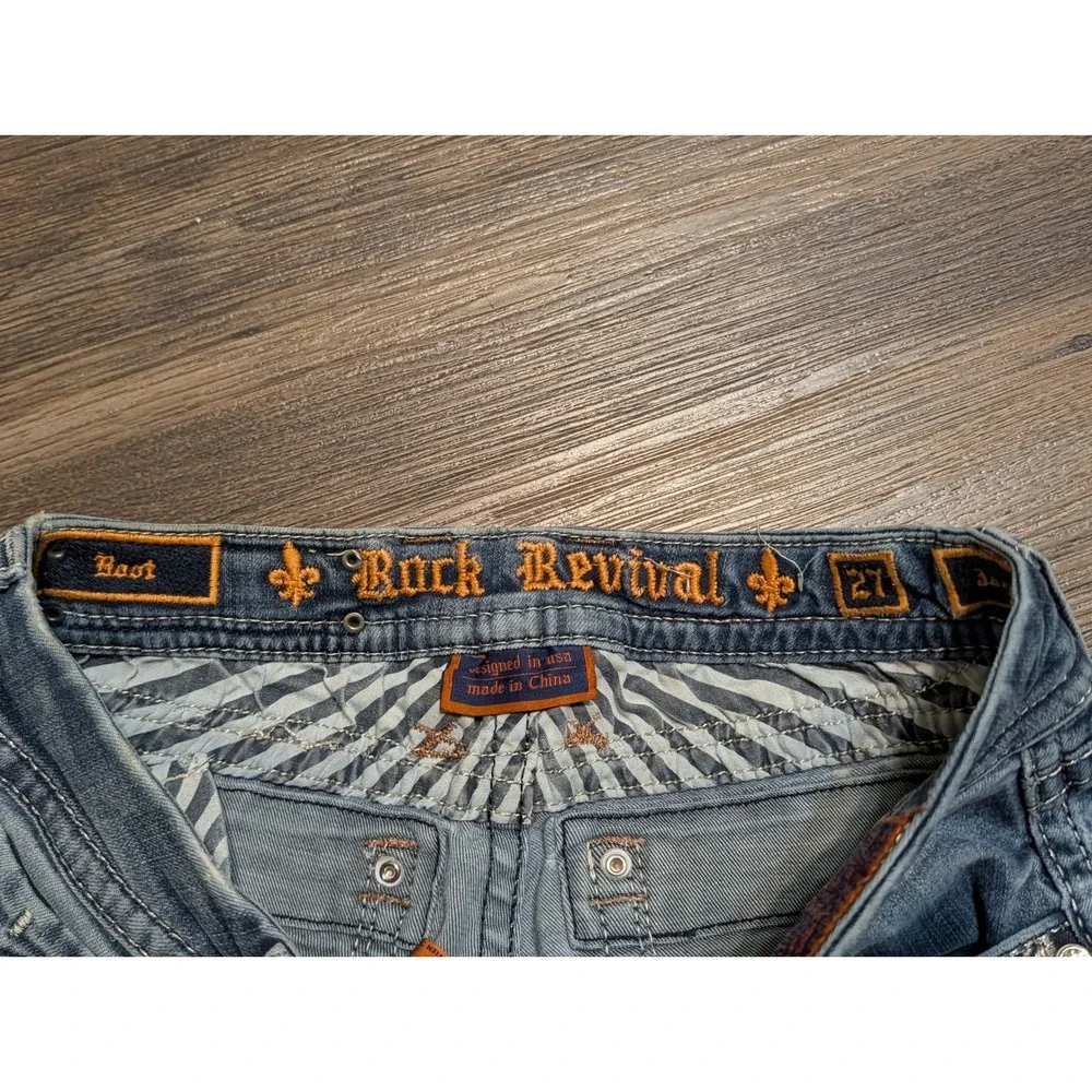 Rock Revival Jazlyn Bootcut Jeans Blue Embellished Fleur-de-Lis Size 27 READ